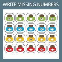 uppgiften är att skriva in de förlorade siffrorna från 1 till 20. pedagogiska övningar för förskolebarn vektor
