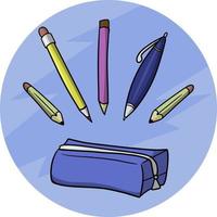 Set aus Kugelschreibern und Bleistiften mit blauem Federmäppchen, Vektorillustration im Cartoon-Stil vektor