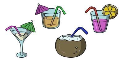 en uppsättning bilder, exotiska drinkar i glasglas, kokosjuice med sugrör, vektorillustration i tecknad stil på en vit bakgrund vektor