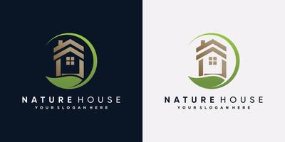 natur hus logotyp design vektor illustration med blad element och grön färg