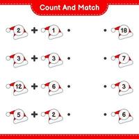 Zähle und kombiniere, zähle die Anzahl der Weihnachtsmützen und kombiniere sie mit den richtigen Zahlen. pädagogisches kinderspiel, druckbares arbeitsblatt, vektorillustration vektor