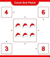 Zähle und kombiniere, zähle die Anzahl der Weihnachtsmützen und kombiniere sie mit den richtigen Zahlen. pädagogisches kinderspiel, druckbares arbeitsblatt, vektorillustration vektor
