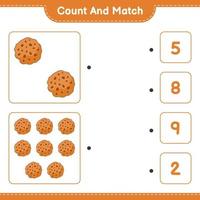 räkna och matcha, räkna antalet kakor och matcha med rätt siffror. pedagogiskt barnspel, utskrivbart kalkylblad, vektorillustration vektor