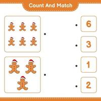 Zähle und kombiniere, zähle die Anzahl der Lebkuchenmänner und verbinde sie mit den richtigen Zahlen. pädagogisches kinderspiel, druckbares arbeitsblatt, vektorillustration vektor
