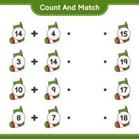 räkna och matcha, räkna antalet julstrumpor och matcha med rätt siffror. pedagogiskt barnspel, utskrivbart kalkylblad, vektorillustration vektor