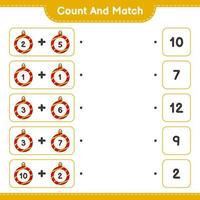 räkna och matcha, räkna antalet julkulor och matcha med rätt siffror. pedagogiskt barnspel, utskrivbart kalkylblad, vektorillustration vektor