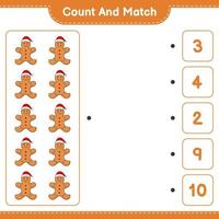 Zähle und kombiniere, zähle die Anzahl der Lebkuchenmänner und verbinde sie mit den richtigen Zahlen. pädagogisches kinderspiel, druckbares arbeitsblatt, vektorillustration vektor