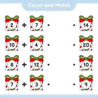 Zähle und kombiniere, zähle die Anzahl der Geschenkboxen und vergleiche sie mit den richtigen Zahlen. pädagogisches kinderspiel, druckbares arbeitsblatt, vektorillustration vektor