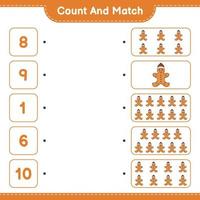 räkna och matcha, räkna antalet pepparkaksgubbar och matcha med rätt siffror. pedagogiskt barnspel, utskrivbart kalkylblad, vektorillustration vektor