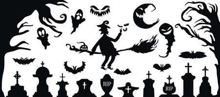 Satz von Halloween-Silhouetten-Symbol und Charakter. Halloween-Vektorillustration lokalisiert auf weißem Hintergrund