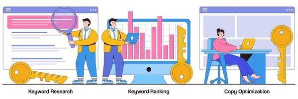 Keyword-Recherche, Keyword-Ranking, Kopieroptimierungskonzept mit winzigen Menschen. abstrakter vektorillustrationssatz des suchmaschinenoptimierungsdienstes. seo-analytik, marketing-geschäftsmetapher vektor