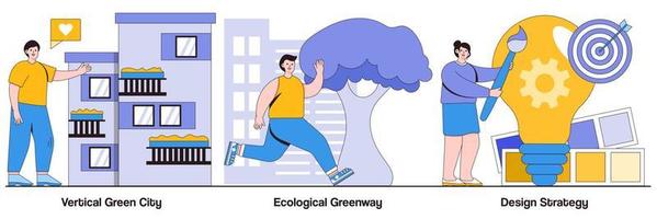 vertikal grön stad, ekologisk greenway, designstrategi med människor karaktärer illustrationer pack vektor