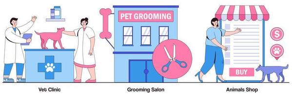 veterinärklinik, grooming salong, online djuraffär med människor tecken illustrationer pack vektor