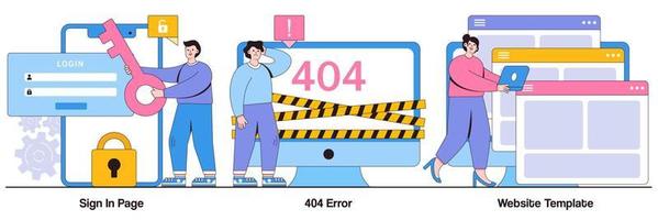 Anmeldeseite, 404-Fehler, Website-Vorlagenkonzept mit Personencharakter. website-seitenschnittstellen-vektorillustrationssatz. Benutzeranmeldeformular, Benutzeroberfläche, Registrierung eines neuen Kontos, Zielseite, Webdesign vektor