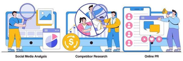 Social-Media-Analyse, Wettbewerbsforschung und illustriertes Paket mit Online-PR-Konzepten vektor