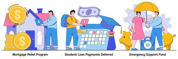 Hypothekenentlastungsprogramm, aufgeschobene Zahlung für Studentendarlehen und Hilfsfonds für Notfallmaßnahmen, illustriertes Paket vektor