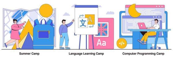 sommar, språkinlärning och datorprogrammeringsläger illustrerat paket vektor