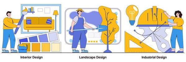 innen-, landschafts- und industriedesign mit illustrationspaket für personencharaktere vektor