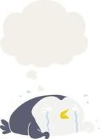 tecknad gråtande pingvin och tankebubbla i retrostil vektor