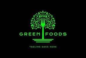 grünes baumpflanzenblatt mit gabel für natur-bio-gesundheitskost-logo-design vektor