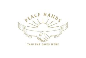 Vintage-Handshake-Band mit goldener Sonne für Teamwork-Logo-Design der Friedensabkommen-Gemeinschaftseinheit vektor