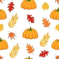 Vektor Musterdesign mit Herbstlaub und Kürbissen. Herbst Hintergrund. handgezeichnete botanische textur. perfekt für Packpapier, Tapeten, Hintergrund und saisonale Textilien.