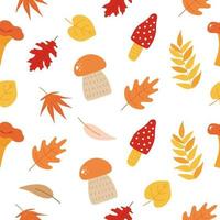 vektor seamless mönster med höstens tecknade svampar, löv. höst bakgrund. handritad höst botanik konsistens. perfekt för omslagspapper, tapeter, bakgrund och säsongsbetonad textil.