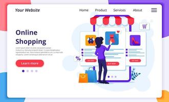 Frau, die Artikel in der Zielseite des mobilen Shops auswählt vektor