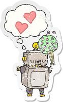 Cartoon-Roboter in Liebe und Gedankenblase als beunruhigter, abgenutzter Aufkleber vektor