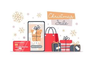 weihnachtsverkaufsbanner, online-shopping mit einem smartphone vektor
