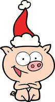Fröhliches sitzendes Schwein Strichzeichnung einer tragenden Weihnachtsmütze vektor