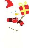 Flache Farbdarstellung eines Cartoon-Schneemanns, der ein Geschenk hält vektor