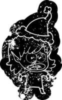 Cartoon verzweifelte Ikone eines schockierten Elfenmädchens mit Weihnachtsmütze vektor