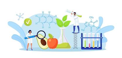 Biologiewissenschaftler, die an Obst und Gemüse forschen. leute, die pflanzen im labor kultivieren. Studie zu Lebensmittelzusatzstoffen. Gentechnik. gentechnisch veränderte Lebensmittel, Gentechnik vektor