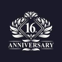 16 års jubileumslogga, lyxig blommig 16-års logotyp. vektor