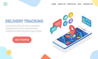 försändelsespårning. isometrisk telefon med leveranstjänstapp. frakt av låda, godstransport vektor