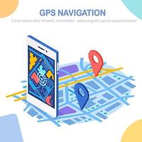 isometrisk 3d-smartphone med GPS-navigeringsapp, spårning. mobiltelefon med kartapplikation vektor