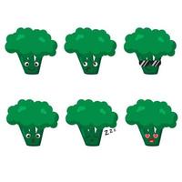 uppsättning broccoli emojis. kawaii stilikoner, vegetabiliska tecken. vektor illustration i tecknad platt stil. uppsättning roliga leenden eller uttryckssymboler. bra kost och veganskt koncept. illustration för barn