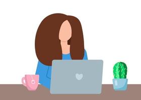 ung kvinna med långt mörkt hår arbetar med laptop. arbete och utbildning hemifrån koncept. kontorsanställd. ansiktslös illustration. tryck för webb, reklam eller sociala medier vektor