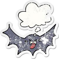 Cartoon-Vampirfledermaus und Gedankenblase als beunruhigter, abgenutzter Aufkleber vektor