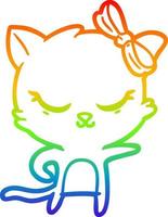 Regenbogen-Gradientenlinie zeichnet niedliche Cartoon-Katze mit Schleife vektor