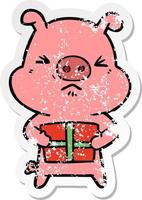 nödställda klistermärke av en tecknad arg gris med julklapp vektor