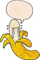 Cartoon weinende Banane und Sprechblase im Retro-Textur-Stil vektor