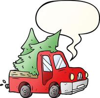 karikatur-pickup-truck mit weihnachtsbäumen und sprechblase in glattem farbverlauf vektor