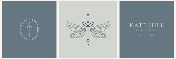 Libellenflügel-Logo-Vorlagen mit Schlüssel im trendigen linearen Stil für Schmuck für exklusive Dienstleistungen und Produkte, Beauty- und Spa-Industrie vektor