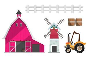 satz von farmelementen. landwirtschaft isolierte illustrationen. Scheunengebäude, Windturbinen, Fahrzeug, Traktor, Fass, Fench.