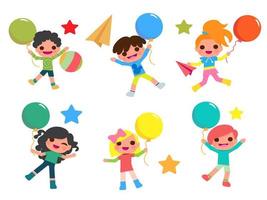glada barn och färgglada ballonger. barn fest glad pojke och flicka med ballonger illustration. vektor