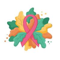 sammansättning av rosa band och frodigt lövverk i modern platt stil. orange, gröna och gula löv, hösttema. symbol för oktober månad för medvetenhet om bröstcancer. vektor illustration isolerade på vitt