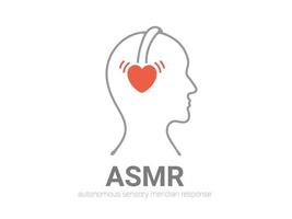 autonom sensorisk meridianrespons, asmr-logotyp eller ikon. huvud med hjärtformade hörlurar, njuter av ljud, viskning eller musik. vektor illustration platt linje stil