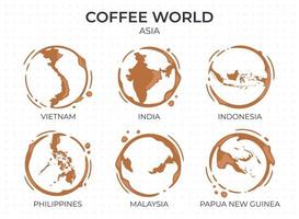samling av kaffekopp runda fläckar formad som ett kaffe ursprung länder, producenter och exportörer från Asien vektor